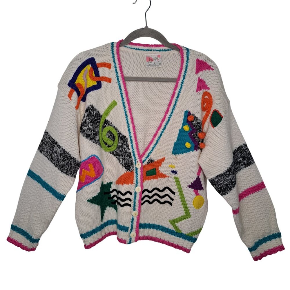 Vintage 80s One Step Up White Colorful Button Up Cardigan Size Medium